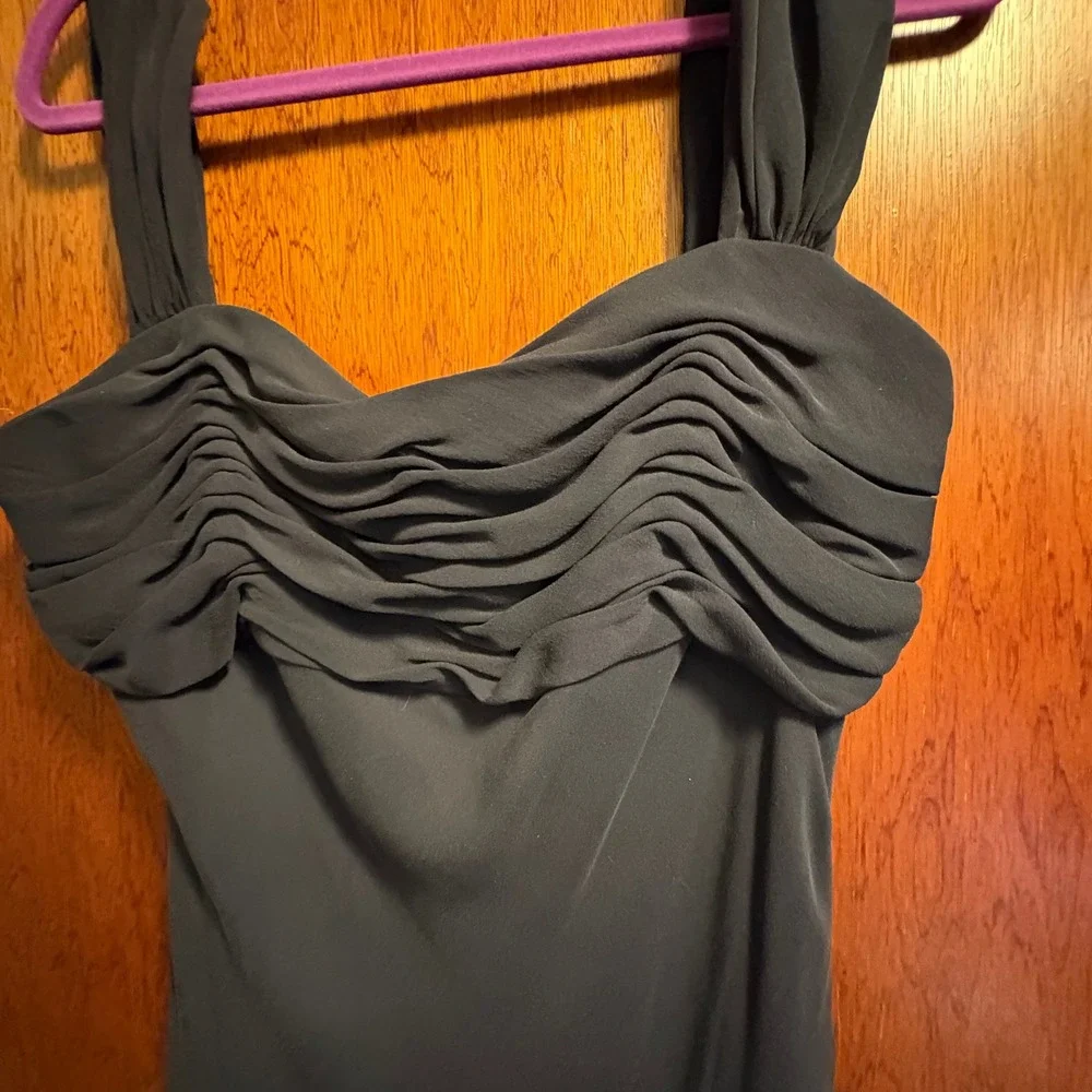 Black Silk Cocktail Midi Dress Ruched Sweetheart Formal Women's 16 - Picture 2 of 7